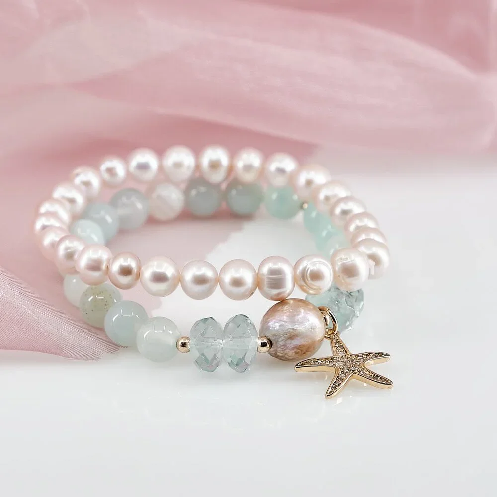 Charm Stretch Bracelet Set, Aquamarine, Pearls & Gold Filled CZ Starfish Charm